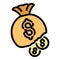 Bankrupt money bag icon color outline vector