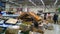 Bankruptcy of supermarket, largest retailer. Clutter, trash and scattered goods on the dirty floor in a store. Mess, huge piles of