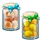 Banks with canned lemons and eggs. Vector food. Illustration in cartoon style isolated on white background