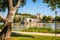 The banks of the Rhone on a sunny day, opposite the Saint-Benezet bridge and the Papal palace in Avignon, France