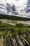 Banks of river in North Wales with railway bridge, dry stone wall