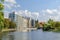 Banks of the River Spree with Adrema hotel and Protestant Parish Church of the Redeemer in Berlin, Germany
