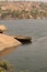 Banks of Tungabhadra river in Hampi, Karnataka - coracle boats ready for tourist rides