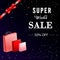 Banner advertising winter super sale 50% off decorated with a red bow on a silk ribbon on the background of falling snowflakes