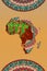 Banner of African woman, face profile silhouette with turban in the shape of a map of Africa. Colorful Afro print tribal logo