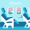 Banner with airplane seats in business class and windows with palm islands. Flat vector illustration with letterong twxt Adventure