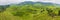 BANNER Amazing landscape view of tea plantation in sunset, sunrise time. Nature background with blue sky and foggy, long