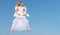 Banner. Angel teenager girl with white wings jumping. Valentines Day flying angel. Cupid girl with white wings. Banner