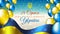 Banner august 24, independence day of ukraine, vector template with ukrainian flag and colored balloons on blue shining background