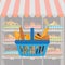 Banner with bakery products in shopping basket. Wheat, rye and whole grain bread. Pretzel and bagel, ciabatta and muffin