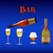 Banner for a bar, bottles and wine glasses for drinks, cartoon o