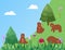 Banner, bears in forest, green grass in nature, landscape, wildlife, natural habitat, design, cartoon style vector