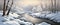 Banner Beautiful snow landscape with forest and river, winter wallpaper