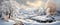 Banner Beautiful snow landscape with forest and river, winter wallpaper