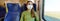 Banner of beautiful woman traveling on public transport wearing protective medical mask. Panoramic cropped photo of girl with face
