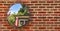 Banner of blurred brick wall with mirror hanging on it reflecting house and patio and trees and blue sky of house with identical b
