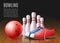 Banner for bowling club with skittles and ball, realistic vector illustration.