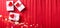 Banner with boxes with presents with hearts  on  red textured  paper background.