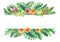 Banner with branches purple Protea flowers, plumeria, hibiscus and tropical plants.