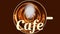 Banner cafe, cup of hot coffee with a cloud of steam, top view, animated inscription cafe