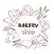 Banner or card for bakery shop with hand drawn bakery and bread production, vector.