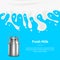 Banner Card with Realistic Metal Shiny Milk Container. Vector
