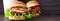 Banner Cheeseburger on a cutting board and cup of coffee on a wooden background. Hamburger with cheese. Burger isolated. Tasty