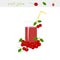 Banner Cherry juice. A glass of juice, straw yellow, cherries with green leaves, on white background