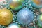 Banner Christmas composition shiny balls in blue, silver and golden colors