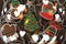 Banner for Christmas and New Year gingerbread. Christmas trees, toys, snowmen, garlands on a background of brown silk
