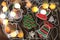 Banner for Christmas and New Year gingerbread. Christmas trees, toys, snowmen, garlands on a background of brown silk