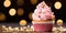 Banner with Christmas pink cupcake with pink whipped cream or cream, golden sprinkles