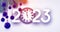 Banner with clock with 2023, green fir, hanging purple baubles