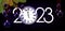 Banner with clock with 2023, green fir, hanging purple baubles