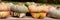 Banner, colorful Pattypan squash pumpkins on wooden table