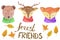 Banner with cute portraits of forest animals in colorful scarves - fox, meddel and deer. watercolor illustration for cards, prints