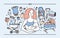 Banner with cute smiling mother holding newborn child surrounded by products and items for infant baby. Parenting