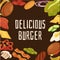 Banner with delicious burger text and food ingredients flat vector illustration.