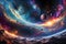 Banner Design Featuring a Panorama of a Distant Galaxy: Clusters of Diverse Planets, Myriad Stars, and Celestial Splendor