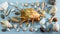 Banner Different sea shells on gray background Top view flat lay