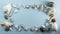 Banner Different sea shells on gray background Top view flat lay