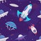 Banner with different ufo spaceships flying in galaxy using alien technology.