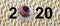 Banner dog 2020 text new year linking with tongue its nose. defocused golden straws like background