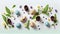 Banner of Easter quail eggs flowers over white background