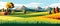 banner Field of spring flowers in the mountains lit by the morning sun vector illustration.