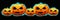 Banner five halloween pumpkins of different sizes with carved scary muzzle collage on a black background.