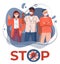 Banner in flat style, stop spreading virus, cartoon characters in face medical masks, world epidemic
