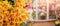 Banner florist shop, closeup luxurious flowers bouquet, in background fridge storage