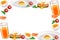 Banner frame breakfast food collection, morning meals eggs, juice, orange, tomato. Hand drawn watercolor illustration