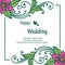 Banner frame, lettering of happy wedding, with crowd of cute flowers. Vector